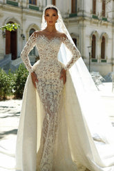 Romantic White Mermaid Sweetheart Off-The-Shoulder Long Sleeves Detachable Panel Train Lace Wedding Dresses